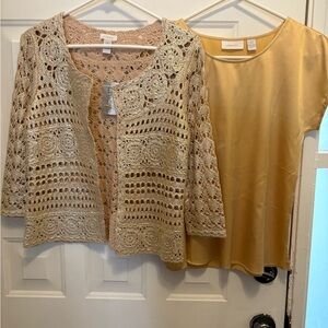 Chico's gold knit cardigan with matching silky top.  Both are Chico and Size 000